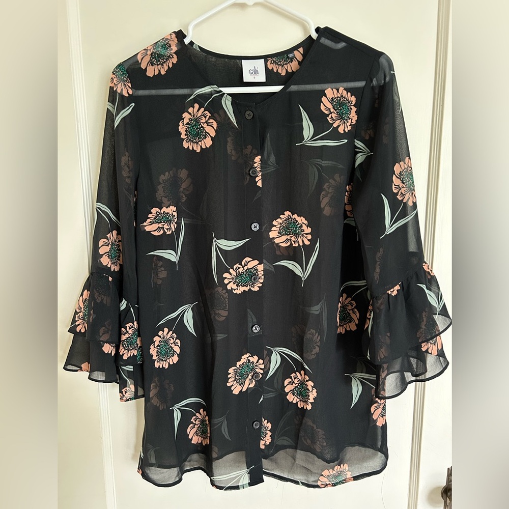 Cabi Black Floral Sheer Top